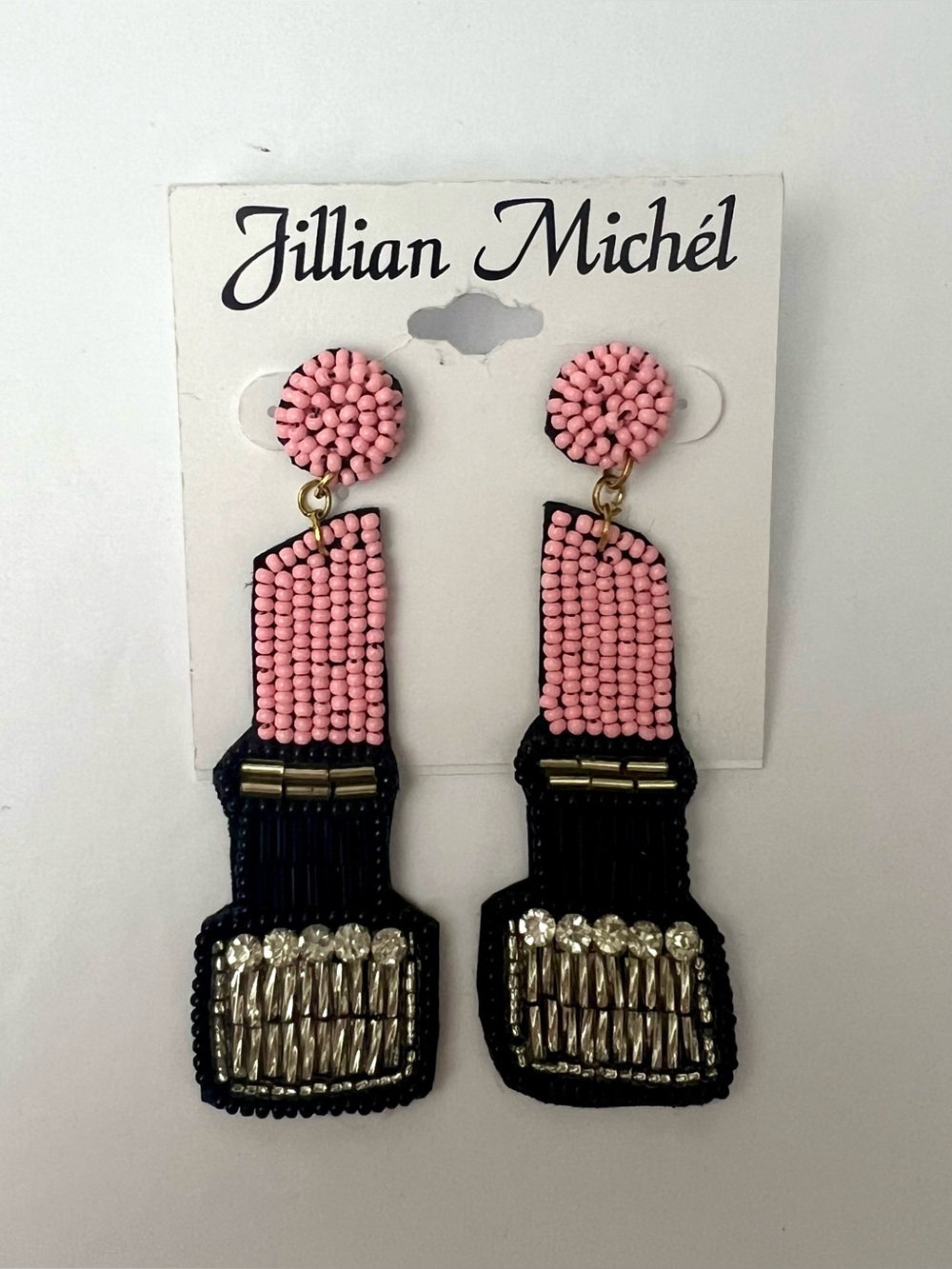 Jillian Michel Pink, Black & Silver
Beaded Whimsical Lipstick Pierced
Earrings